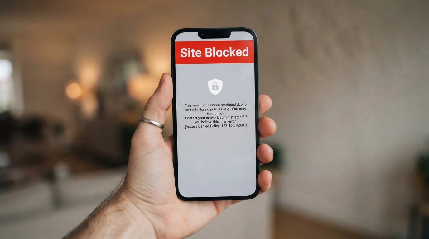 A smartphone screen showing a plain government warning notice about a blocked website, held against a blurred background.