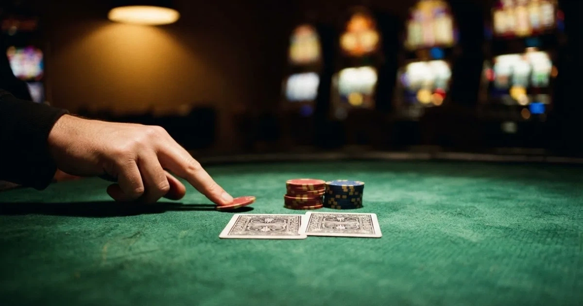A close-up of a green felt gaming table with cards and chips mid-hand.