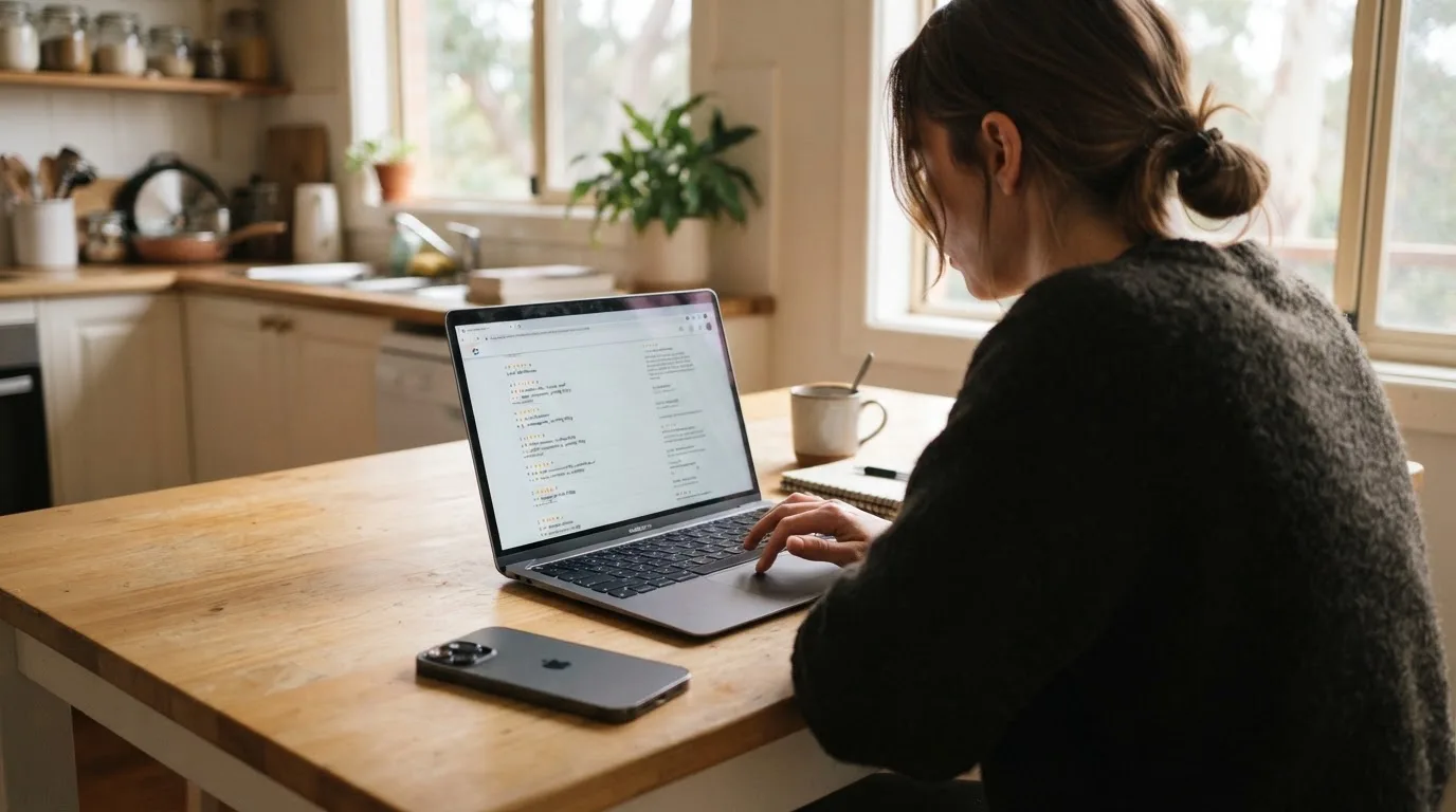 A person at a kitchen table scrolling through review pages on a laptop, phone face-down beside them.