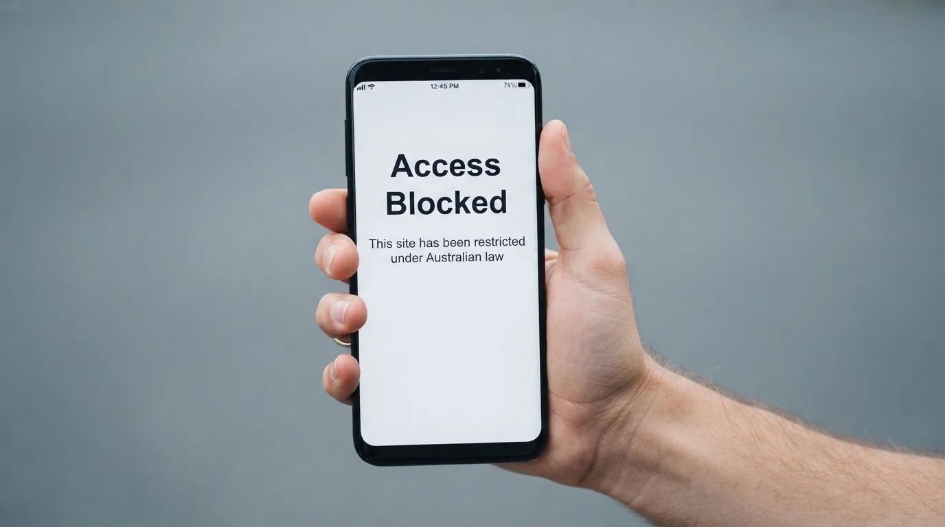 A smartphone screen showing a plain government warning notice about a blocked website, held against a blurred background.
