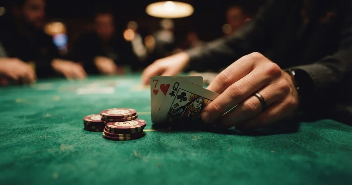 A close-up of a green felt gaming table with cards and chips mid-hand.