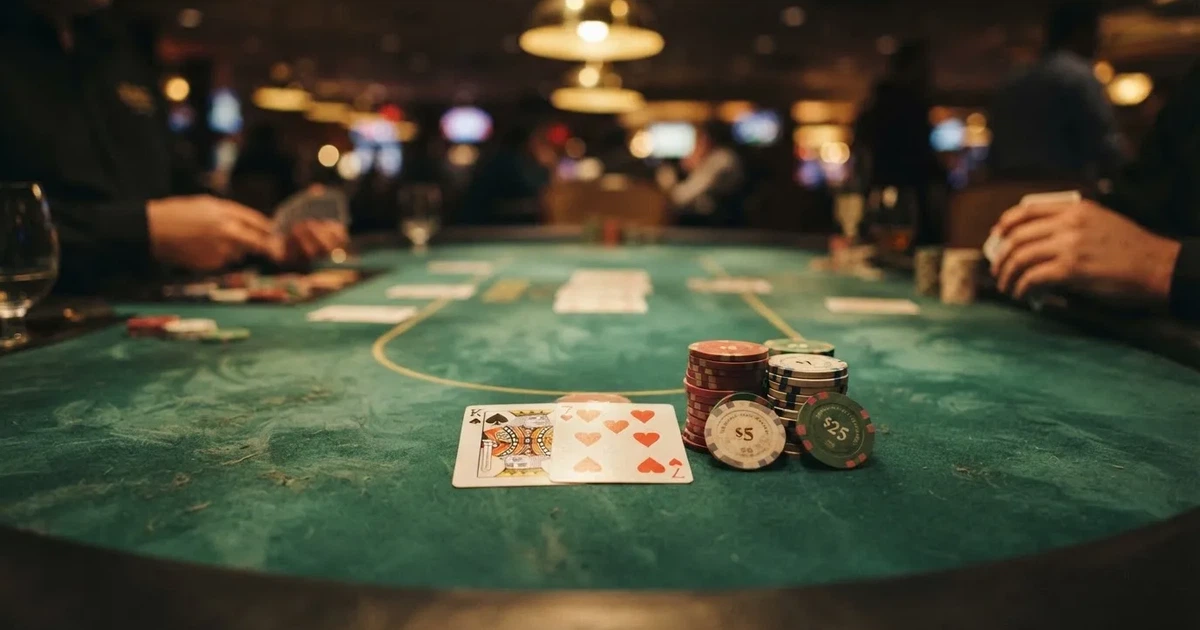 A close-up of a green felt gaming table with cards and chips mid-hand.