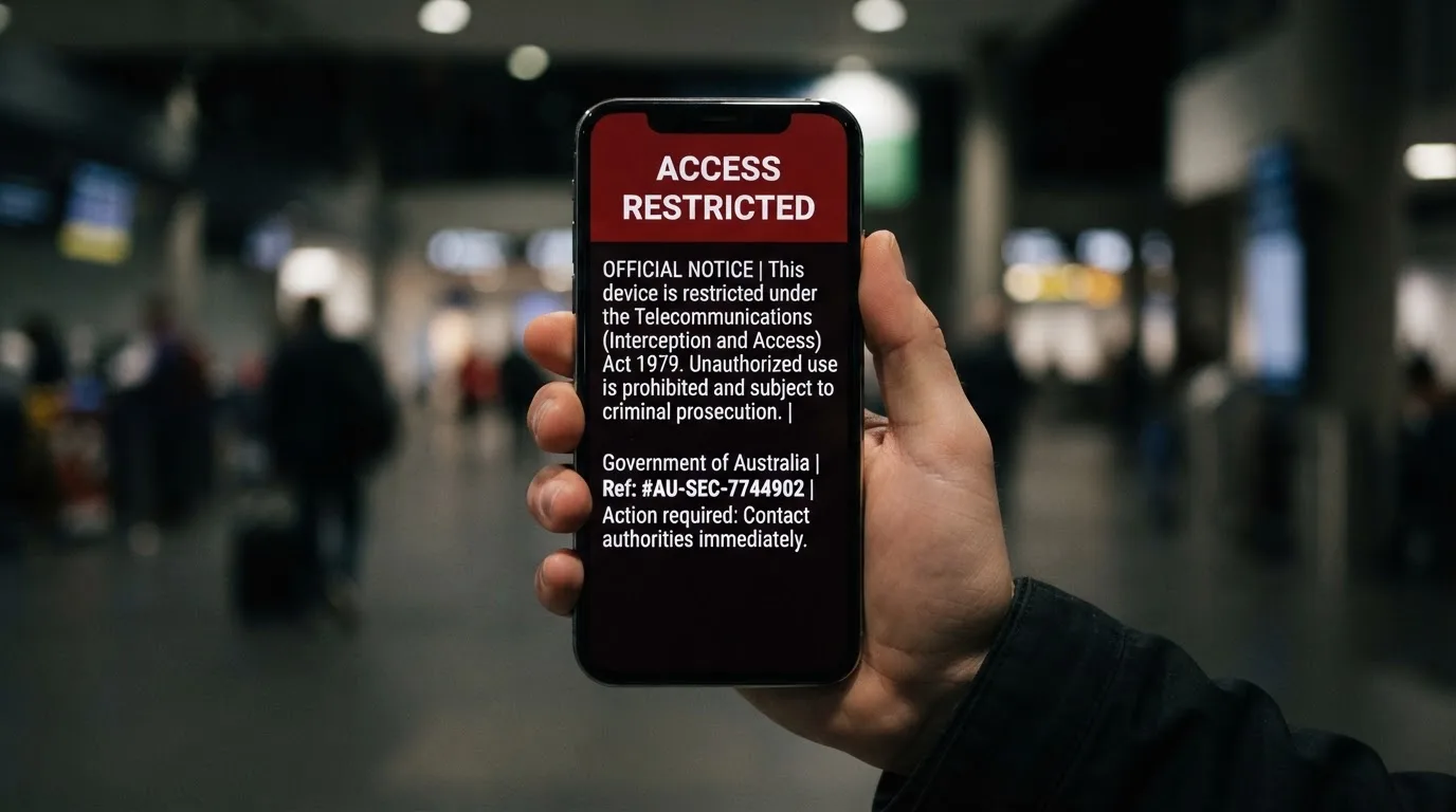 A smartphone screen showing a plain government warning notice about a blocked website, held against a blurred background.