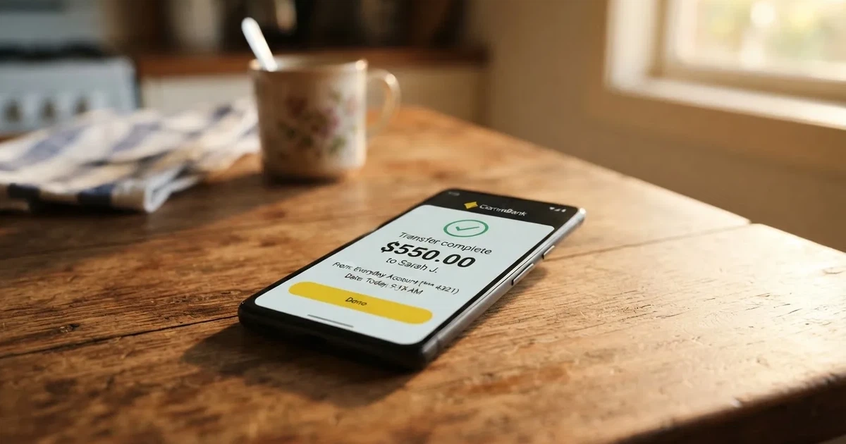 A close-up of a banking app on a smartphone showing a same-day transfer confirmation on a kitchen table.