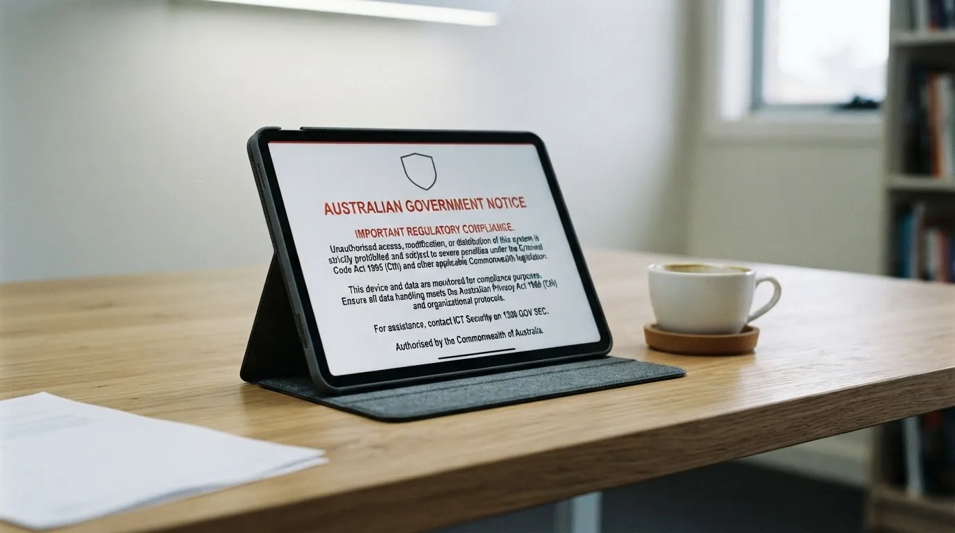 A tablet screen displaying an official regulator warning notice on a desk beside a coffee cup.