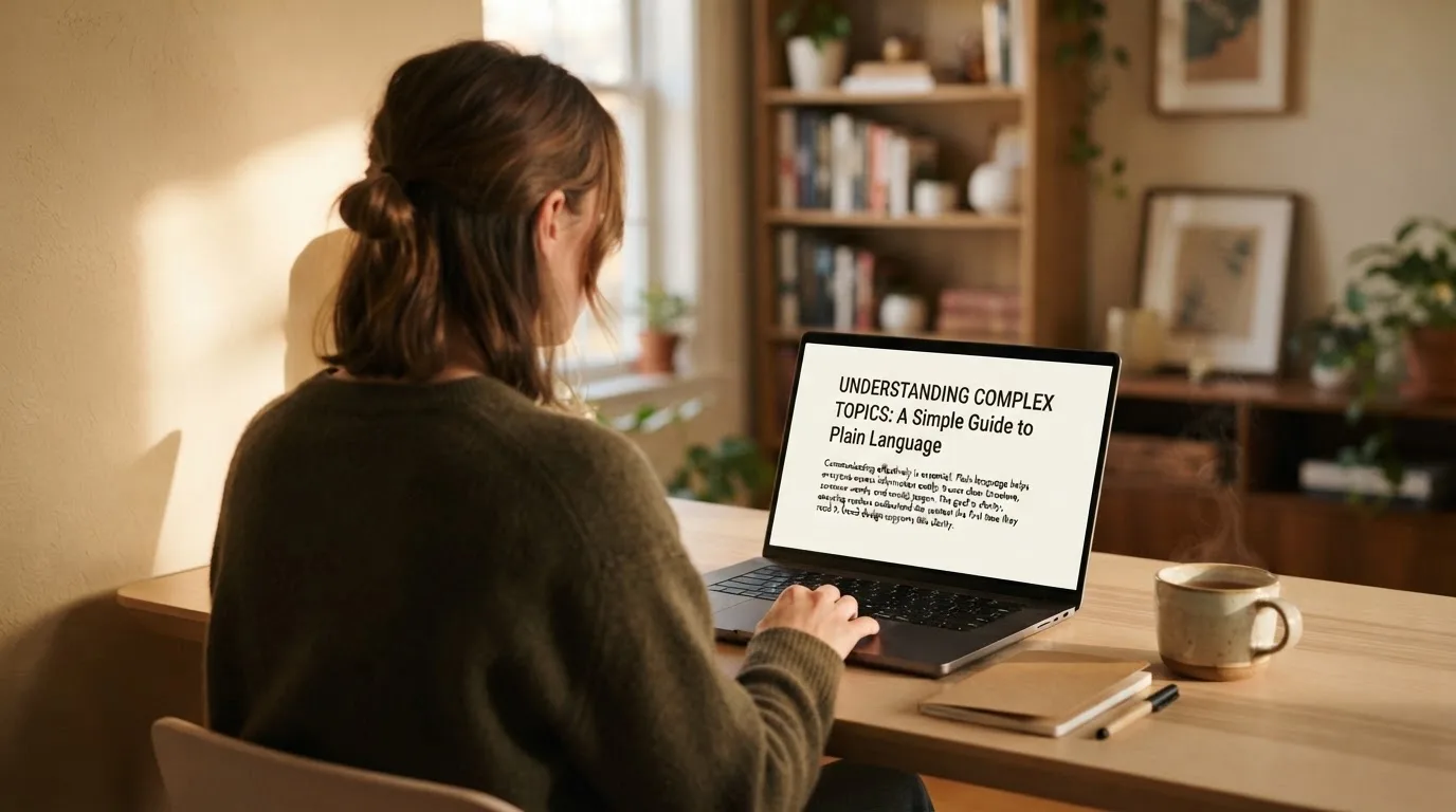 A person at a laptop reading a plain-language explainer article at a home desk.