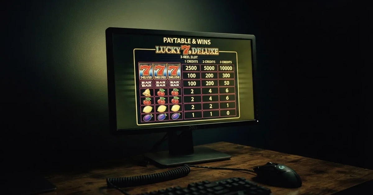 A slot machine's paytable screen glowing on a monitor in a dim room.