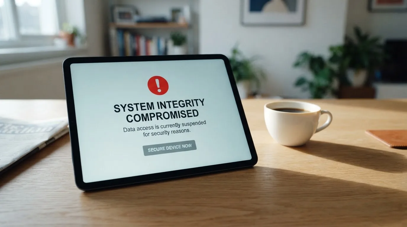 A tablet screen displaying an official regulator warning notice on a desk beside a coffee cup.