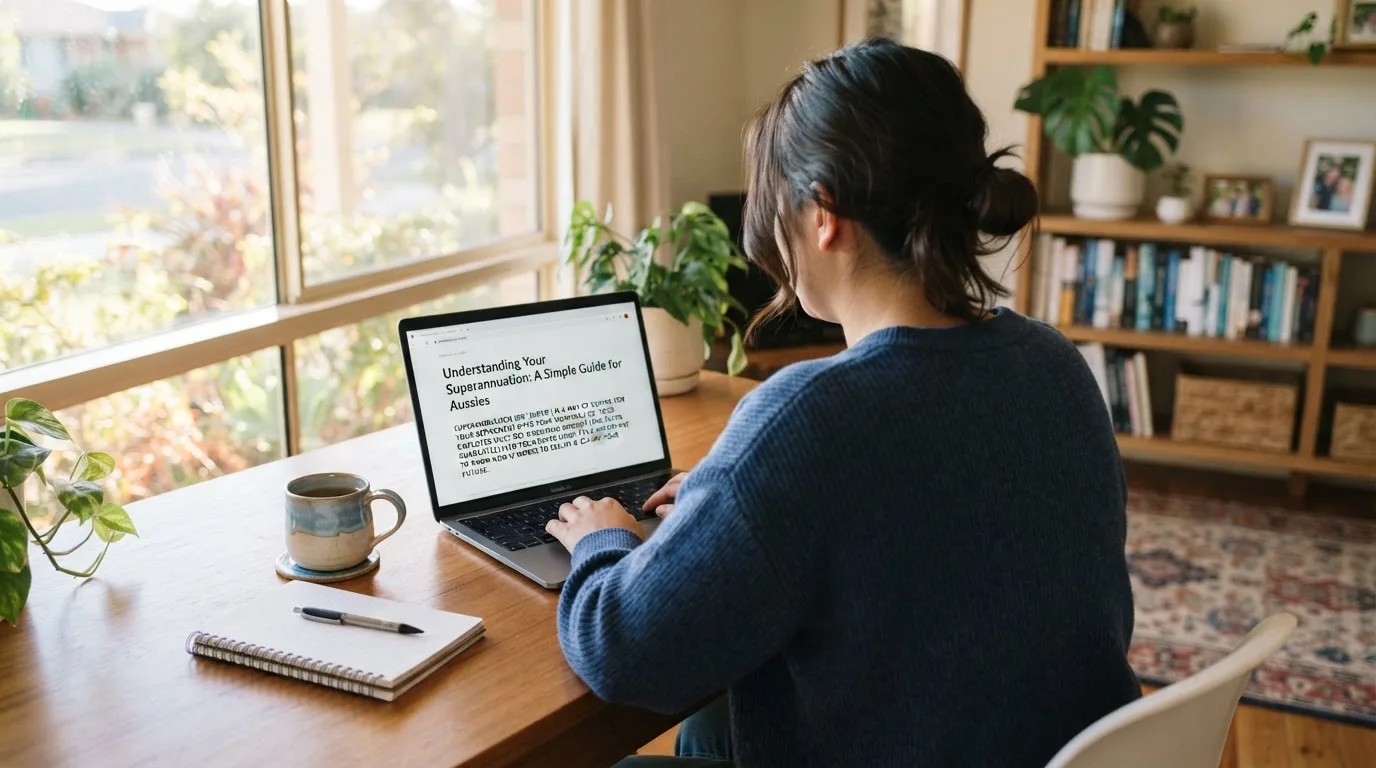 A person at a laptop reading a plain-language explainer article at a home desk.