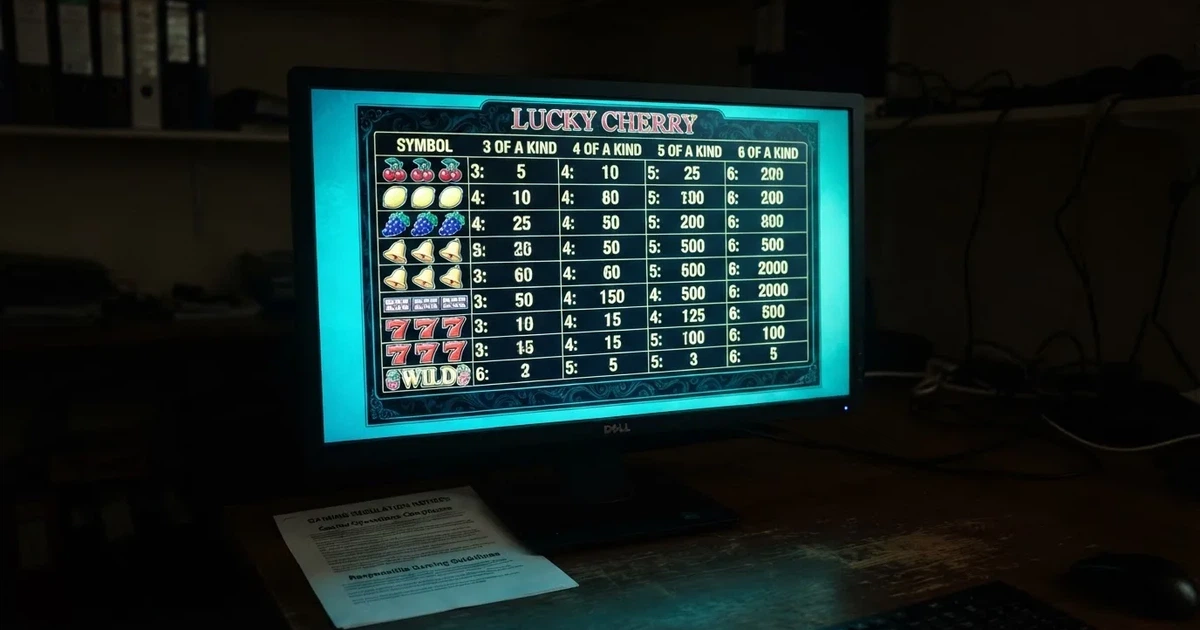 A slot machine's paytable screen glowing on a monitor in a dim room.