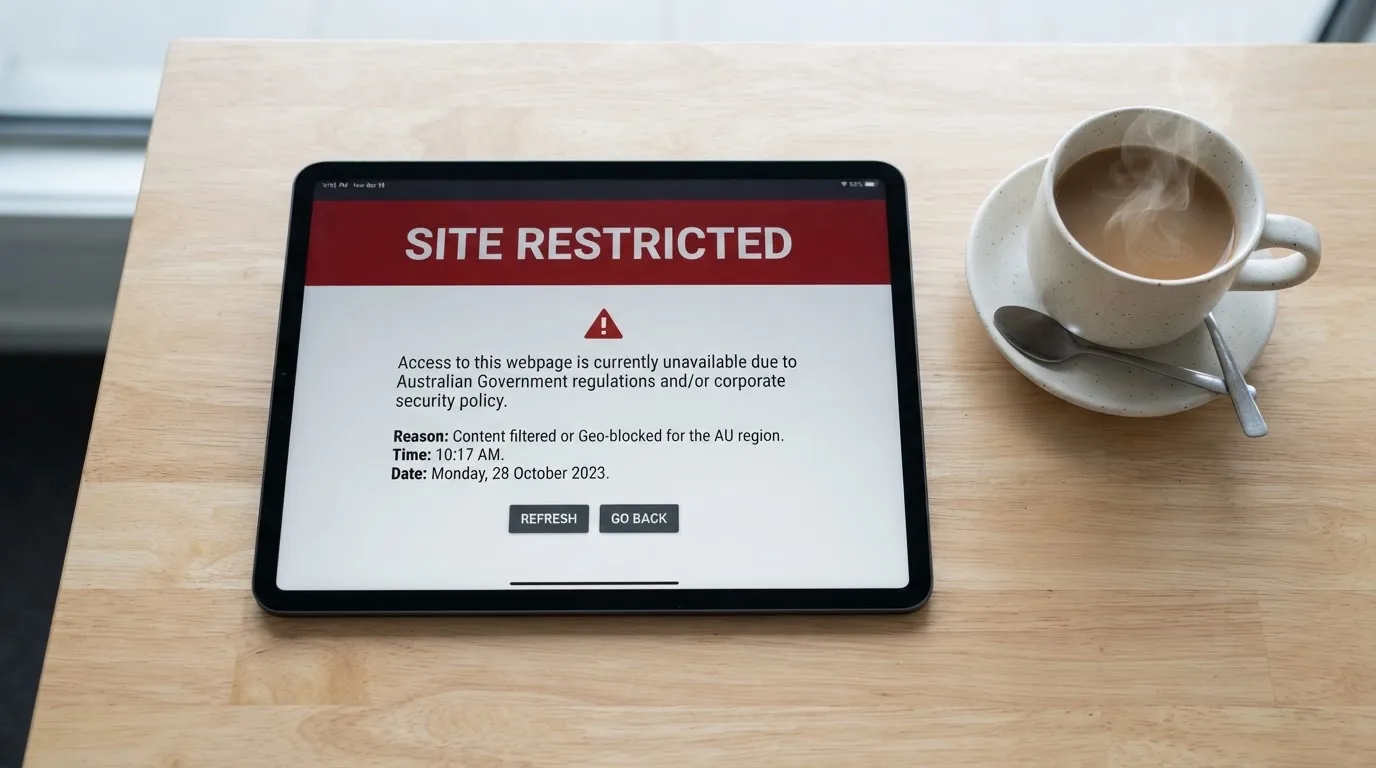A tablet screen displaying an official regulator warning notice on a desk beside a coffee cup.