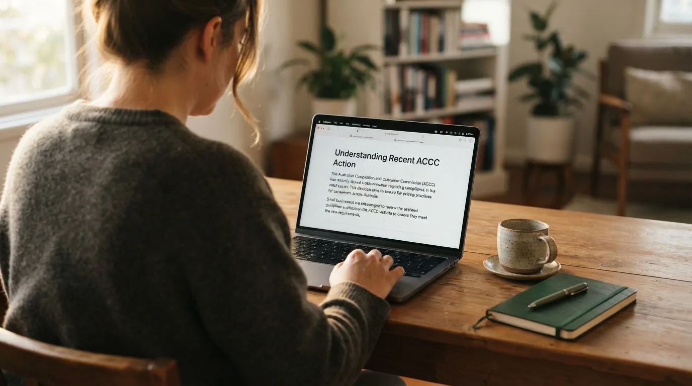 A person at a laptop reading a plain-language explainer article at a home desk.