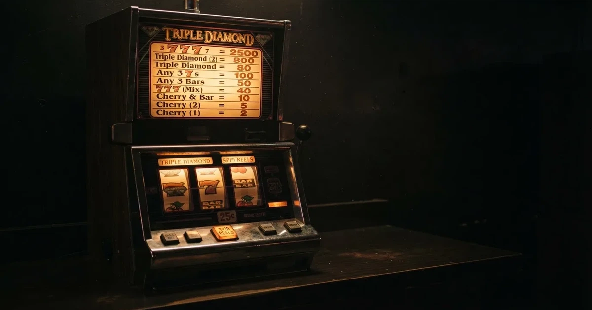 A slot machine's paytable screen glowing on a monitor in a dim room.