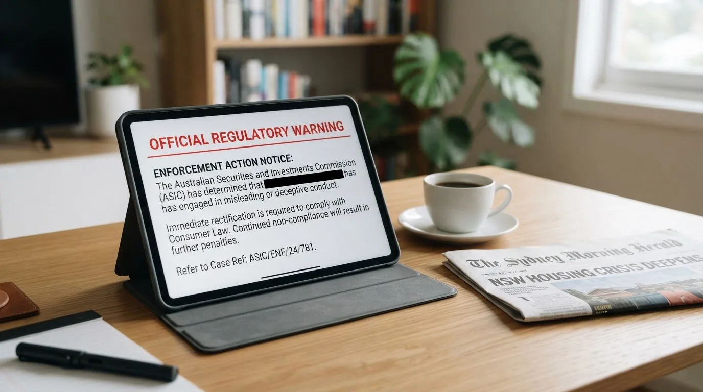 A tablet screen displaying an official regulator warning notice on a desk beside a coffee cup.