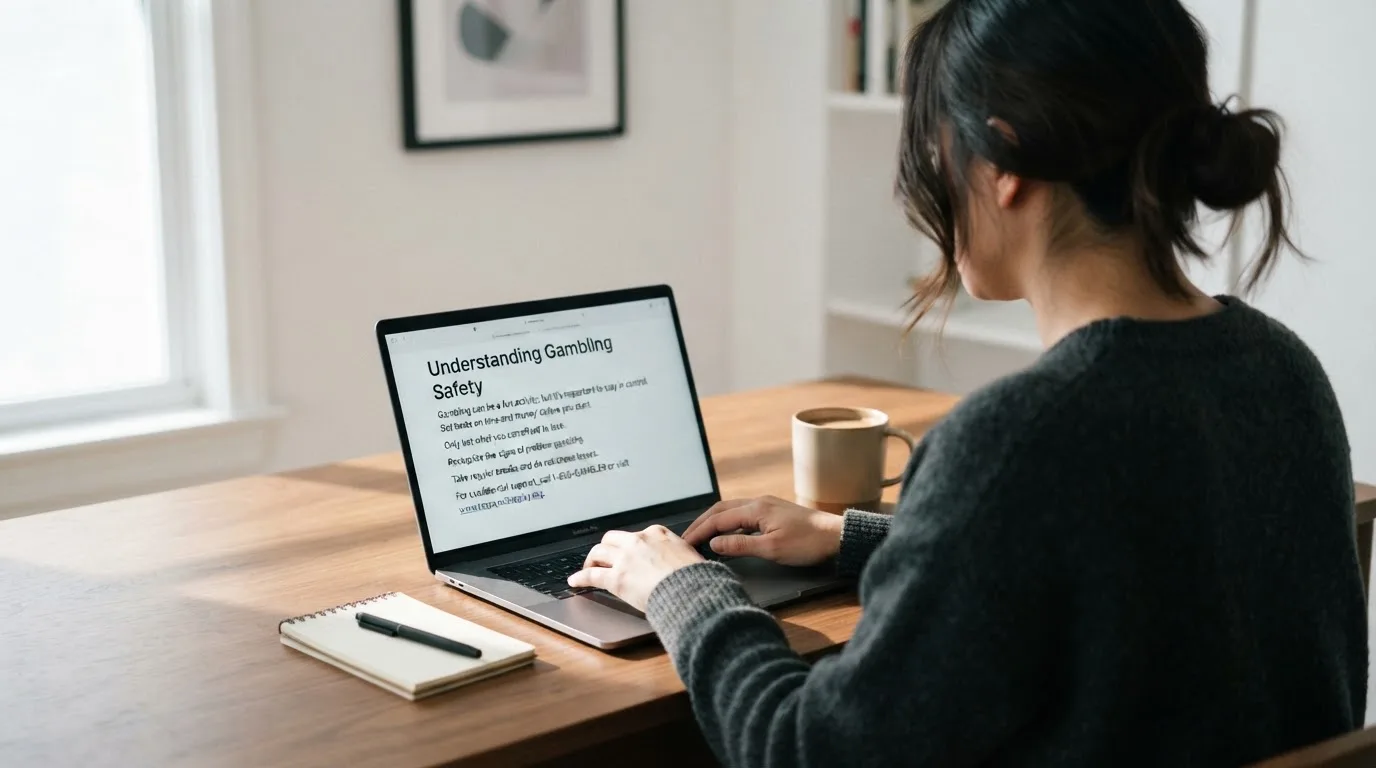 A person at a laptop reading a plain-language explainer article at a home desk.