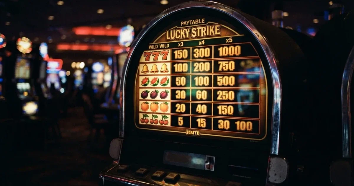 A slot machine's paytable screen glowing on a monitor in a dim room.