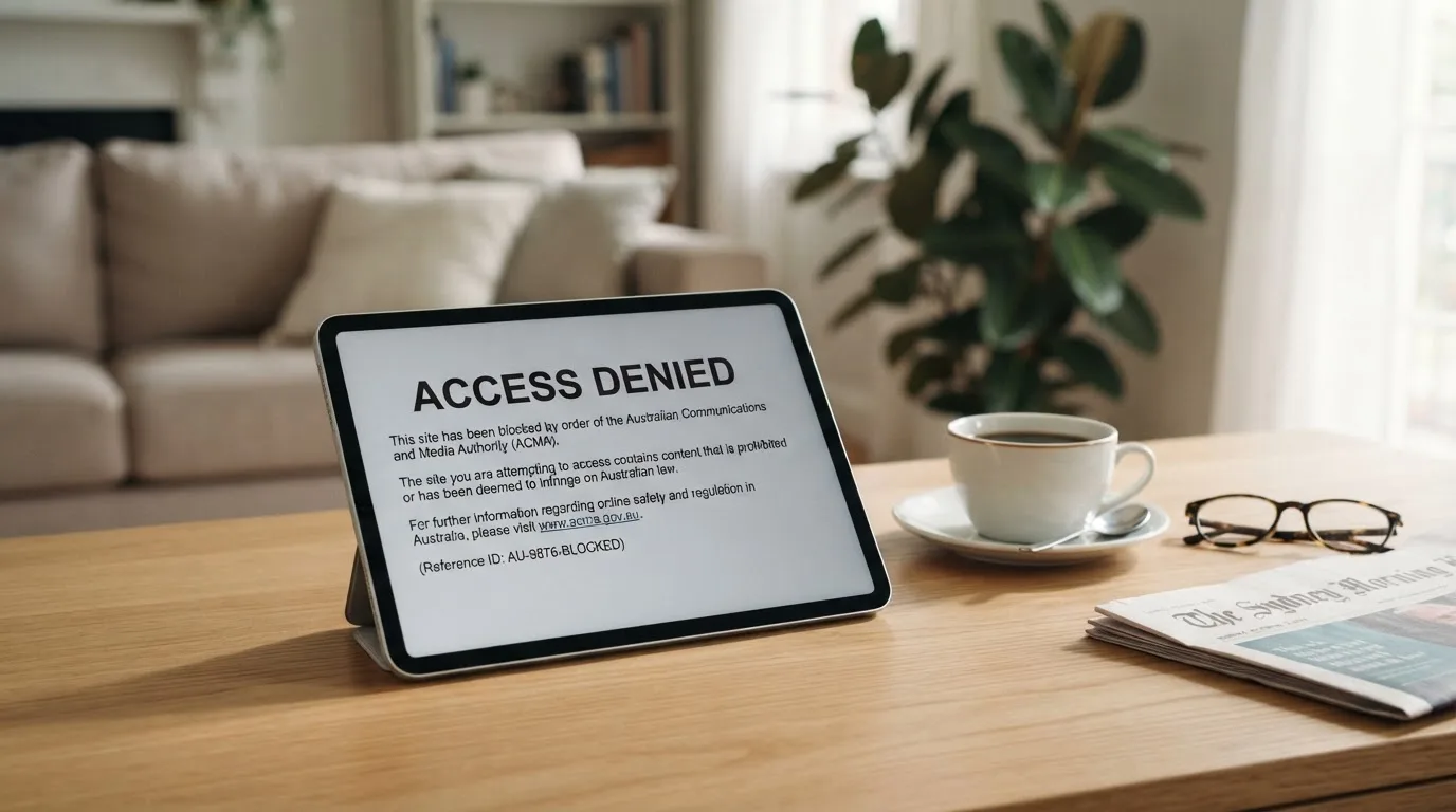A tablet screen displaying an official regulator warning notice on a desk beside a coffee cup.