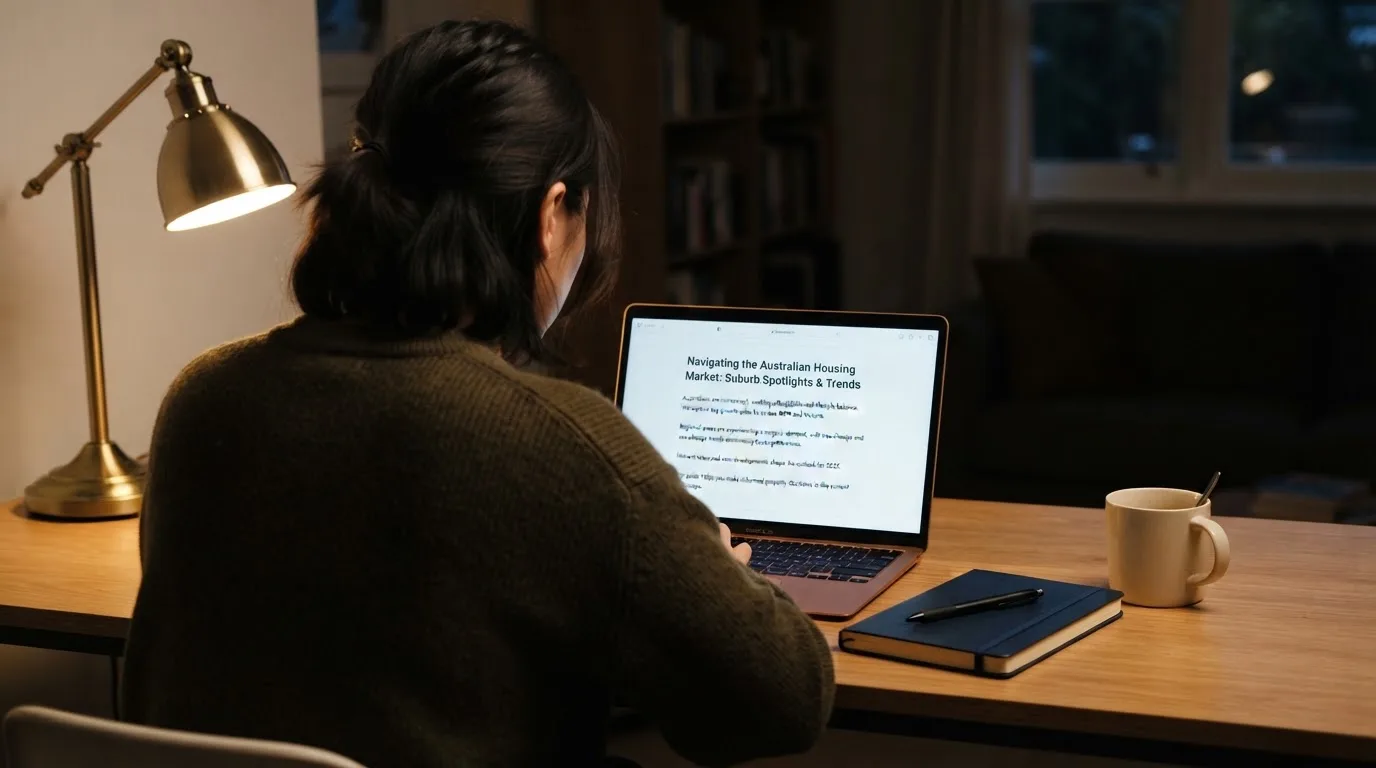 A person at a laptop reading a plain-language explainer article at a home desk.