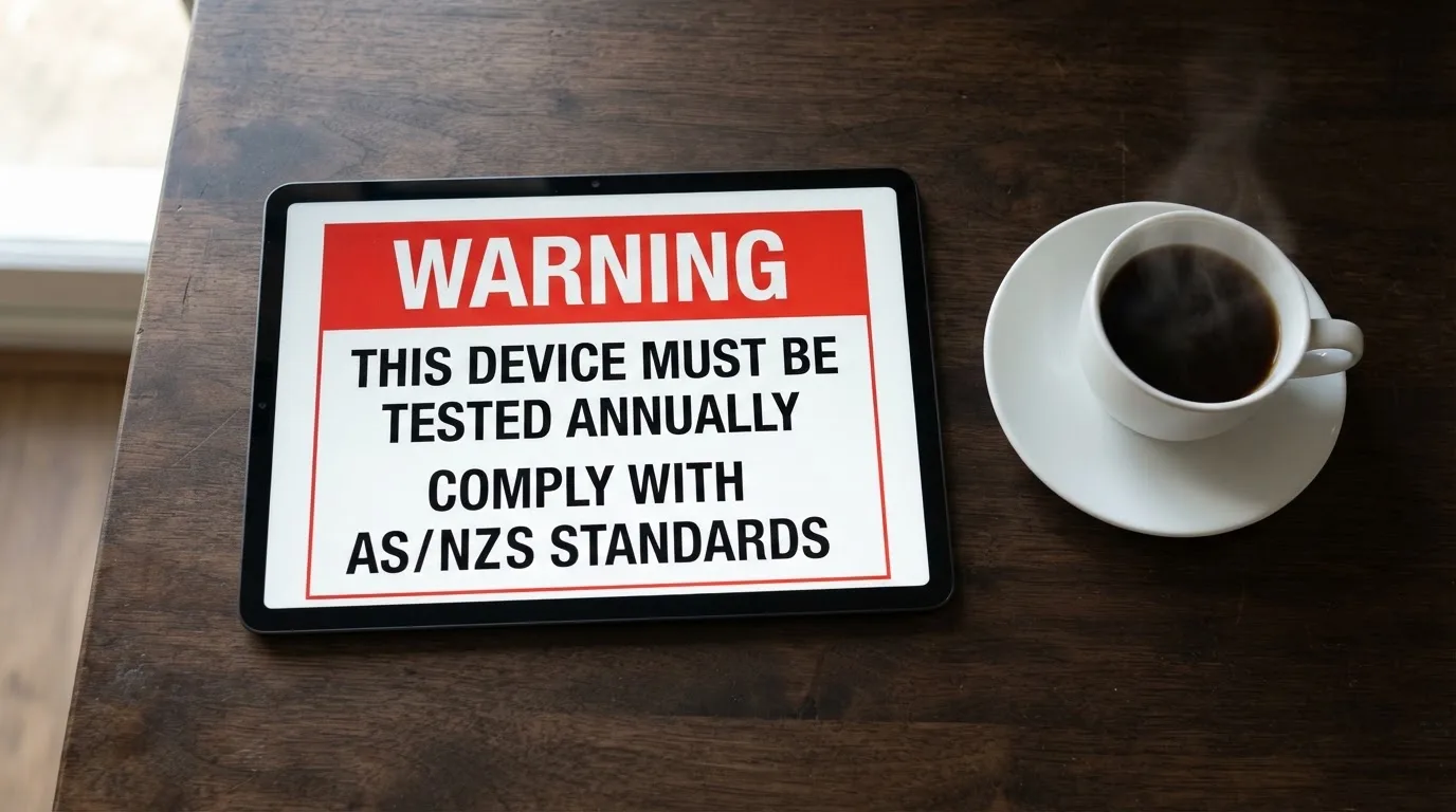 A tablet screen displaying an official regulator warning notice on a desk beside a coffee cup.