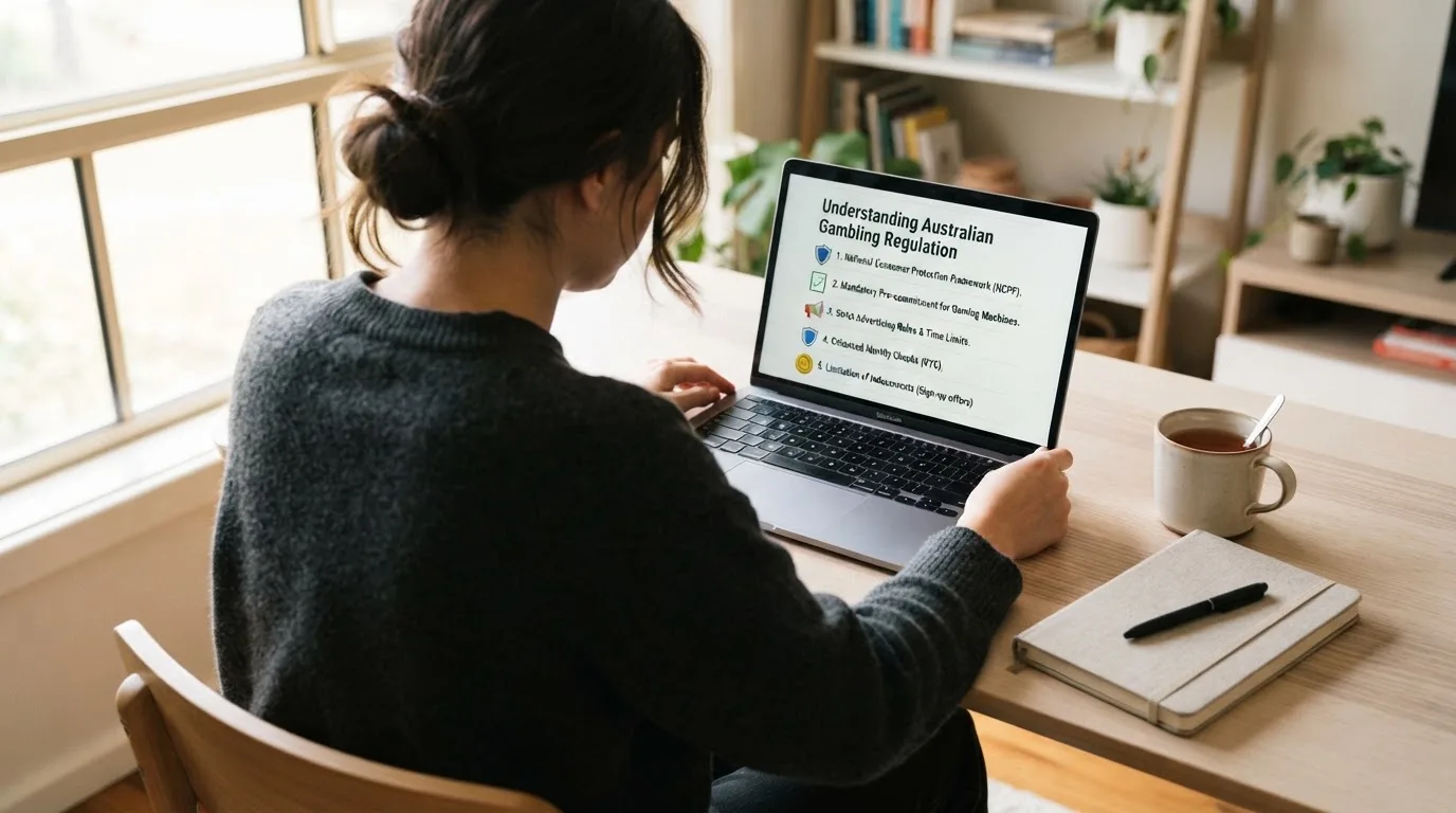 A person at a laptop reading a plain-language explainer article at a home desk.