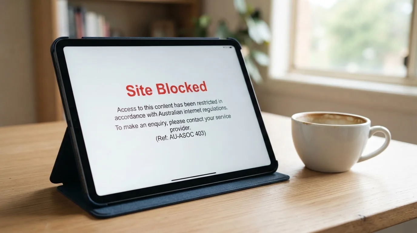 A tablet screen displaying an official regulator warning notice on a desk beside a coffee cup.