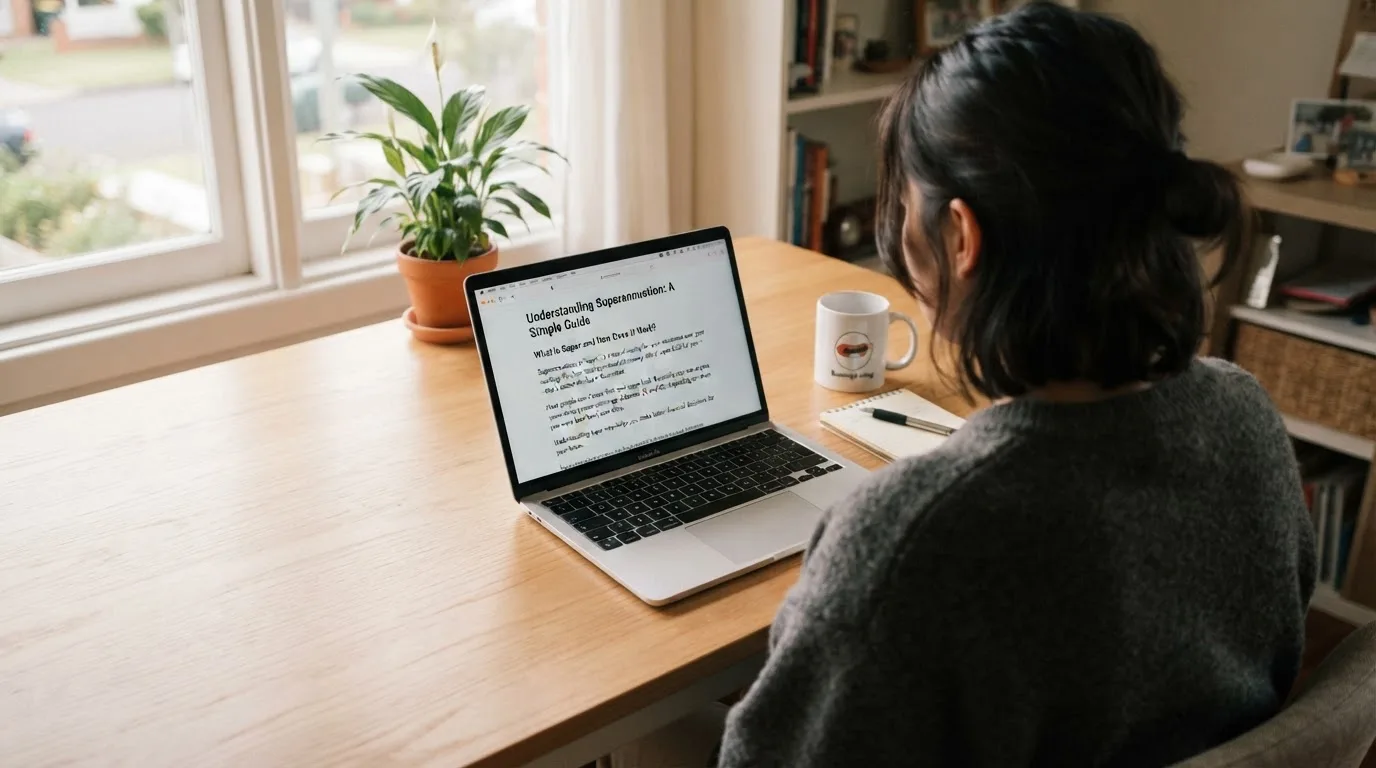 A person at a laptop reading a plain-language explainer article at a home desk.