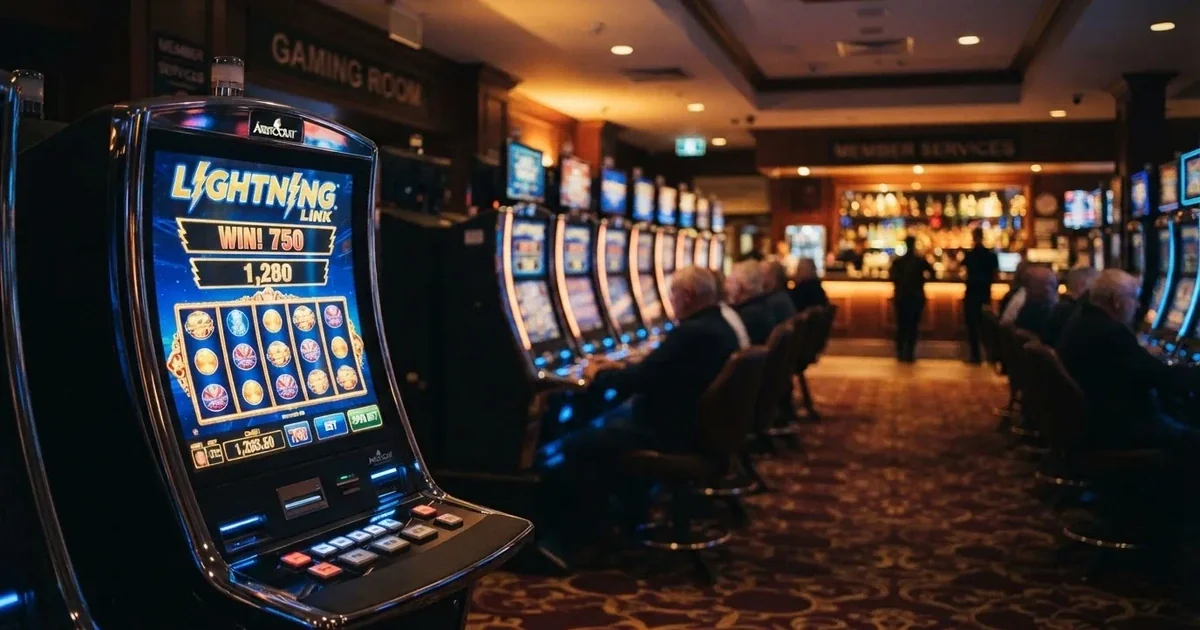 Gaming machines lined up inside a licensed club in central Canberra.