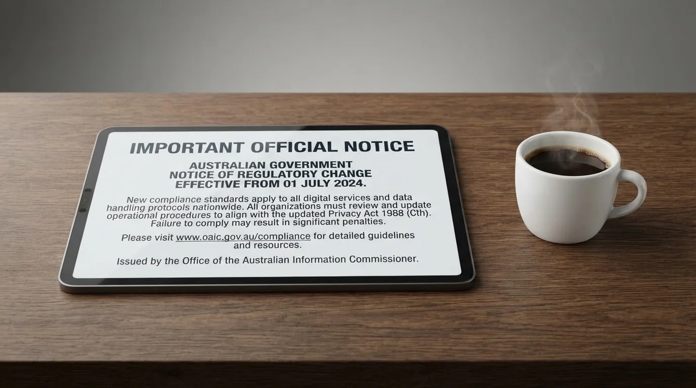 A tablet screen displaying an official regulator warning notice on a desk beside a coffee cup.