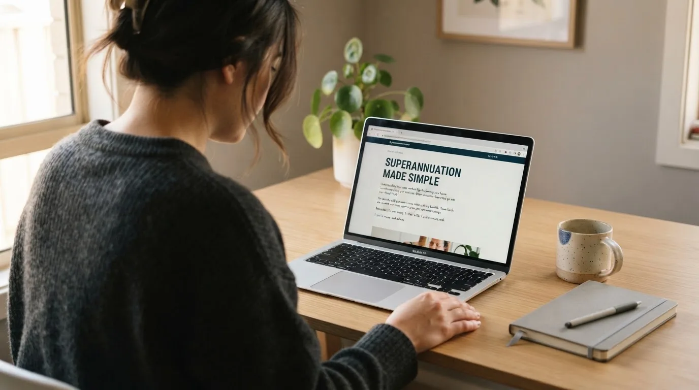 A person at a laptop reading a plain-language explainer article at a home desk.