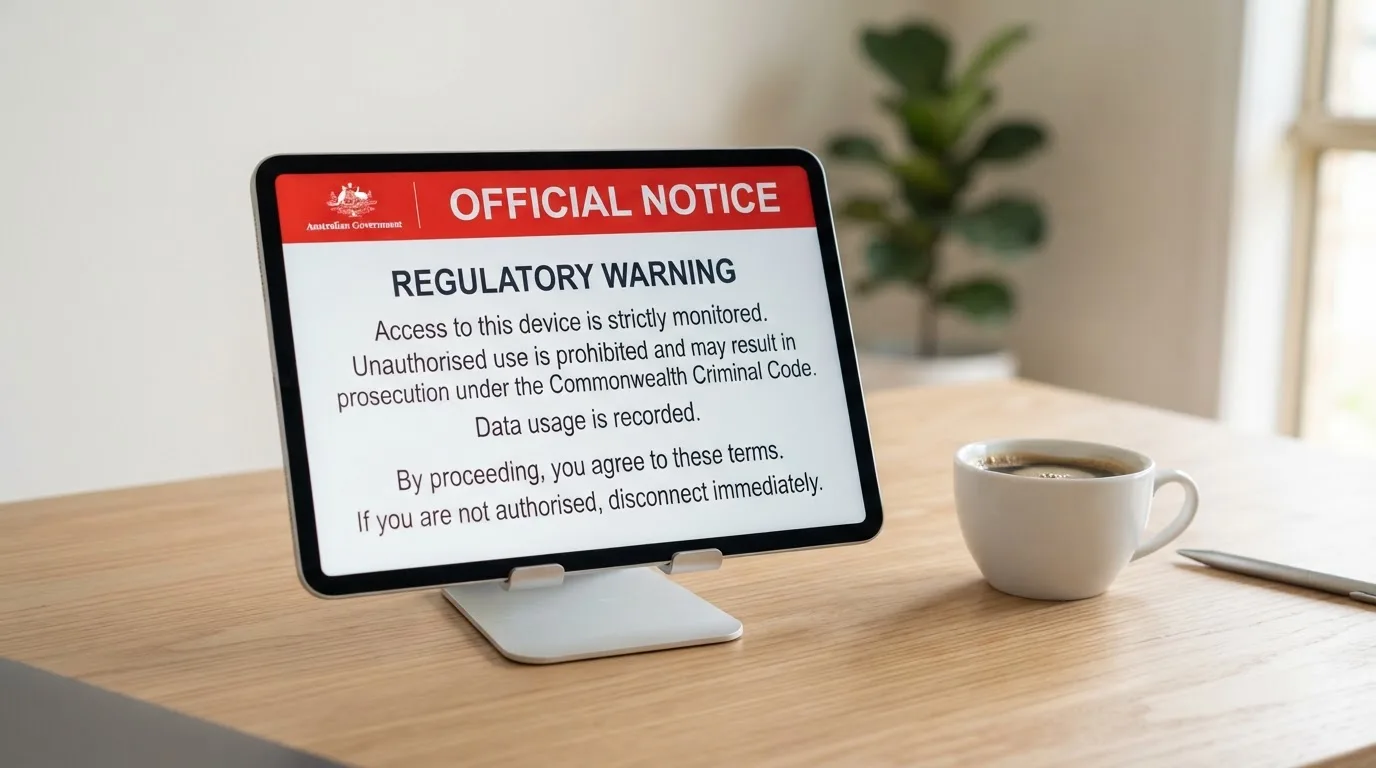 A tablet screen displaying an official regulator warning notice on a desk beside a coffee cup.