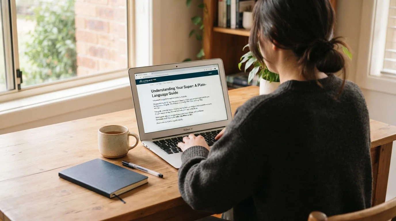 A person at a laptop reading a plain-language explainer article at a home desk.