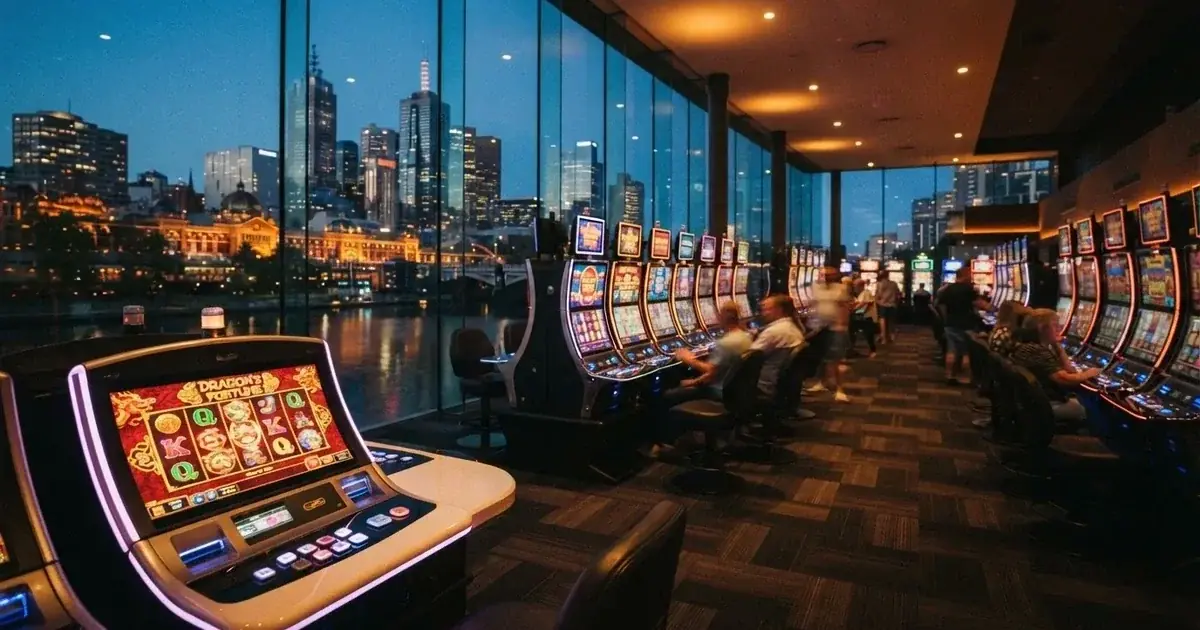 A gaming floor with rows of electronic machines beside the Yarra River in Melbourne.