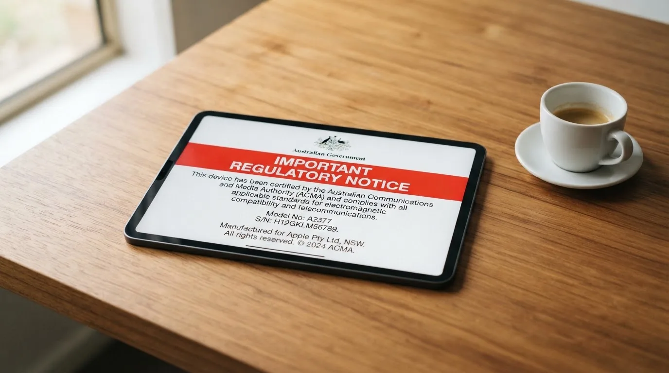 A tablet screen displaying an official regulator warning notice on a desk beside a coffee cup.