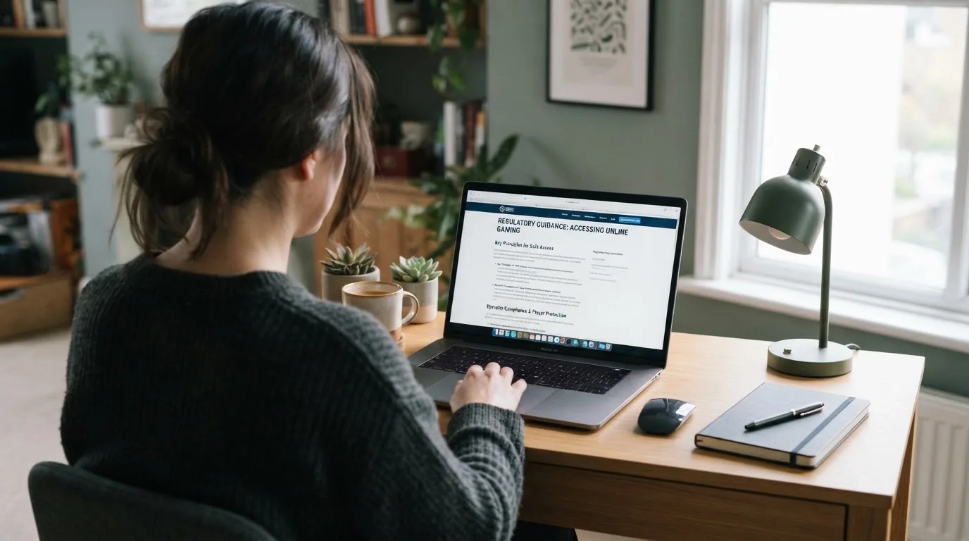 A person at a laptop reading a plain-language explainer article at a home desk.