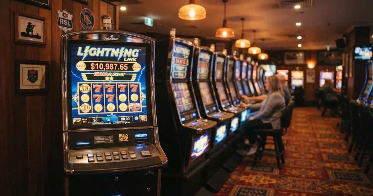 A row of gaming machines inside a suburban registered club in regional New South Wales.