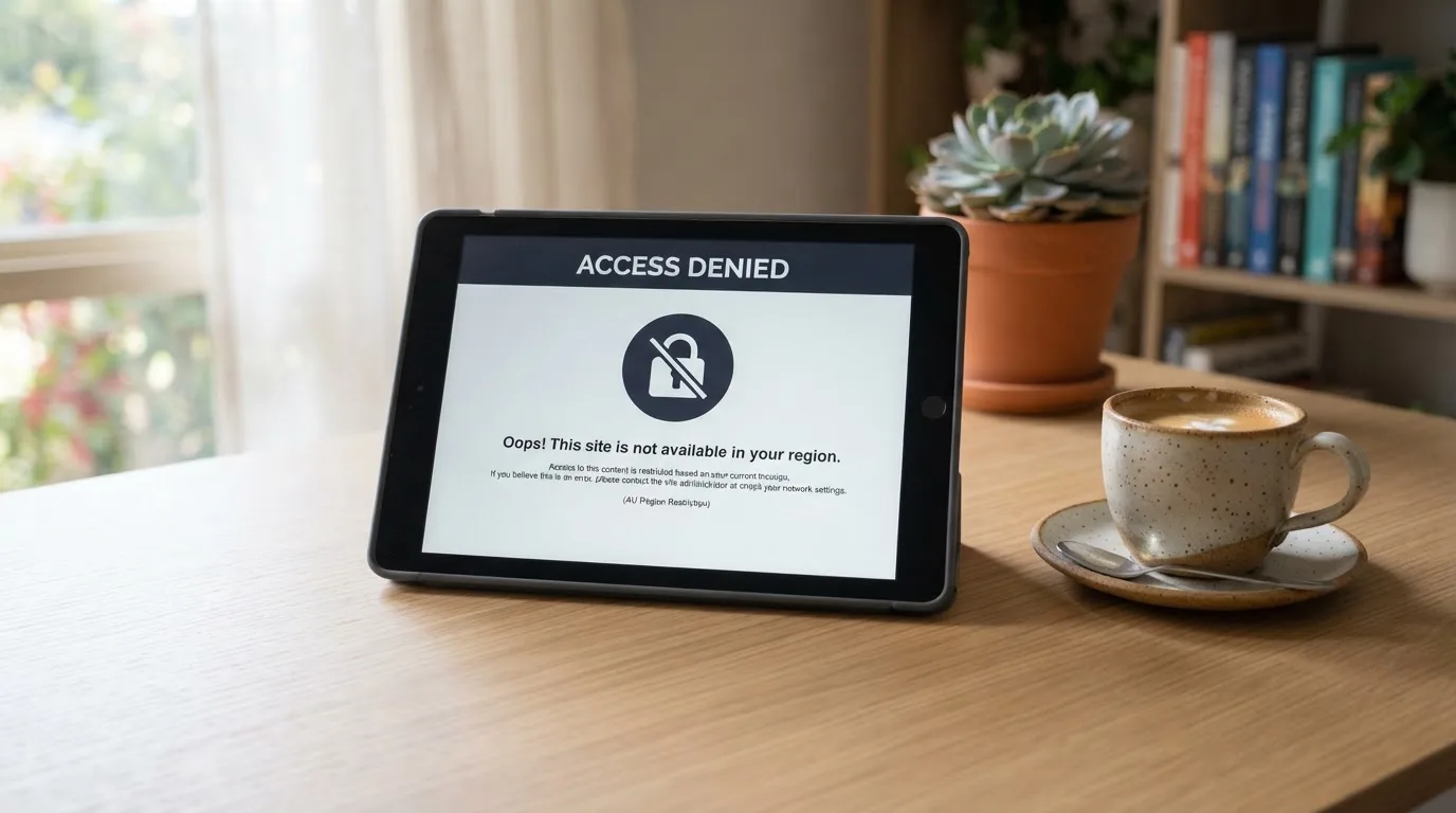 A tablet screen displaying an official regulator warning notice on a desk beside a coffee cup.