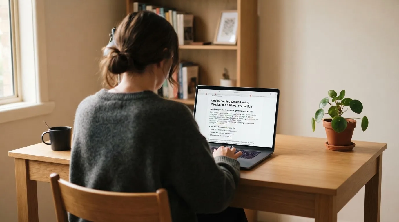 A person at a laptop reading a plain-language explainer article at a home desk.