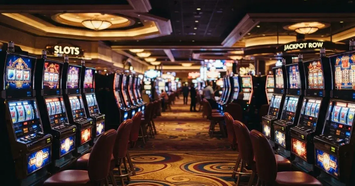 A casino resort gaming floor with rows of electronic machines in Perth.