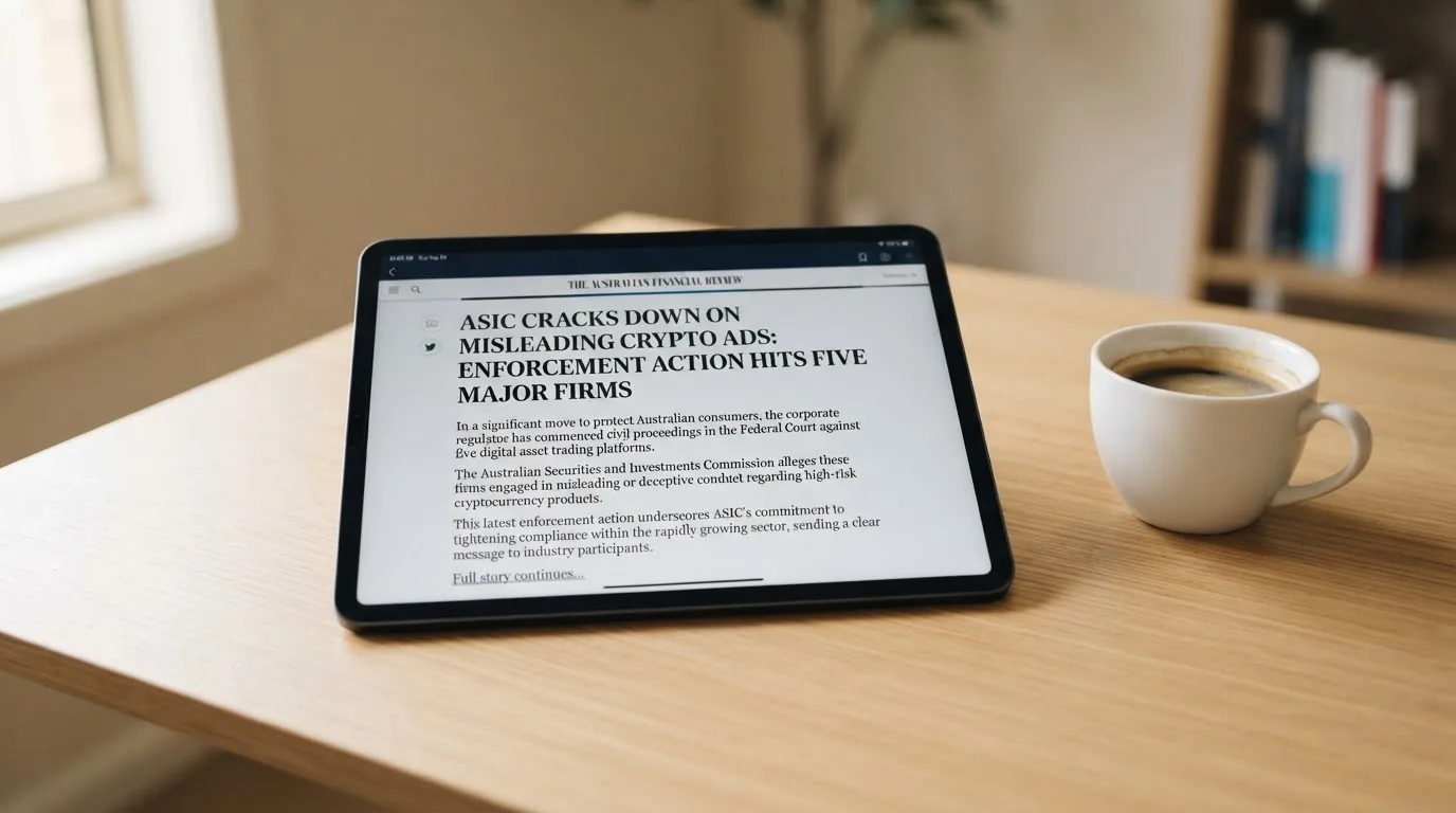 A tablet screen displaying an official regulator warning notice on a desk beside a coffee cup.