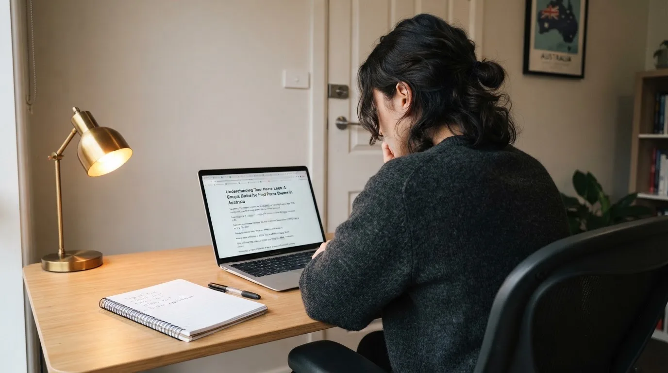 A person at a laptop reading a plain-language explainer article at a home desk.