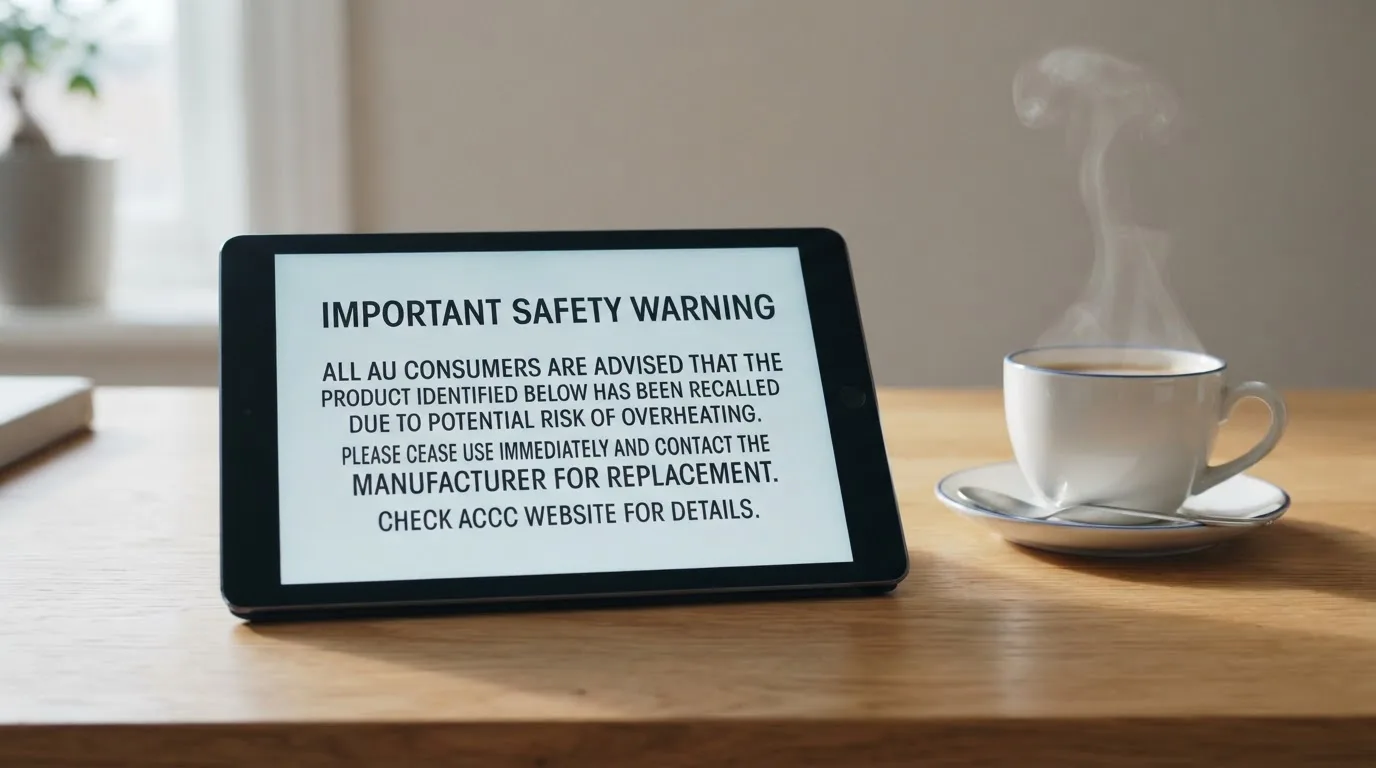 A tablet screen displaying an official regulator warning notice on a desk beside a coffee cup.