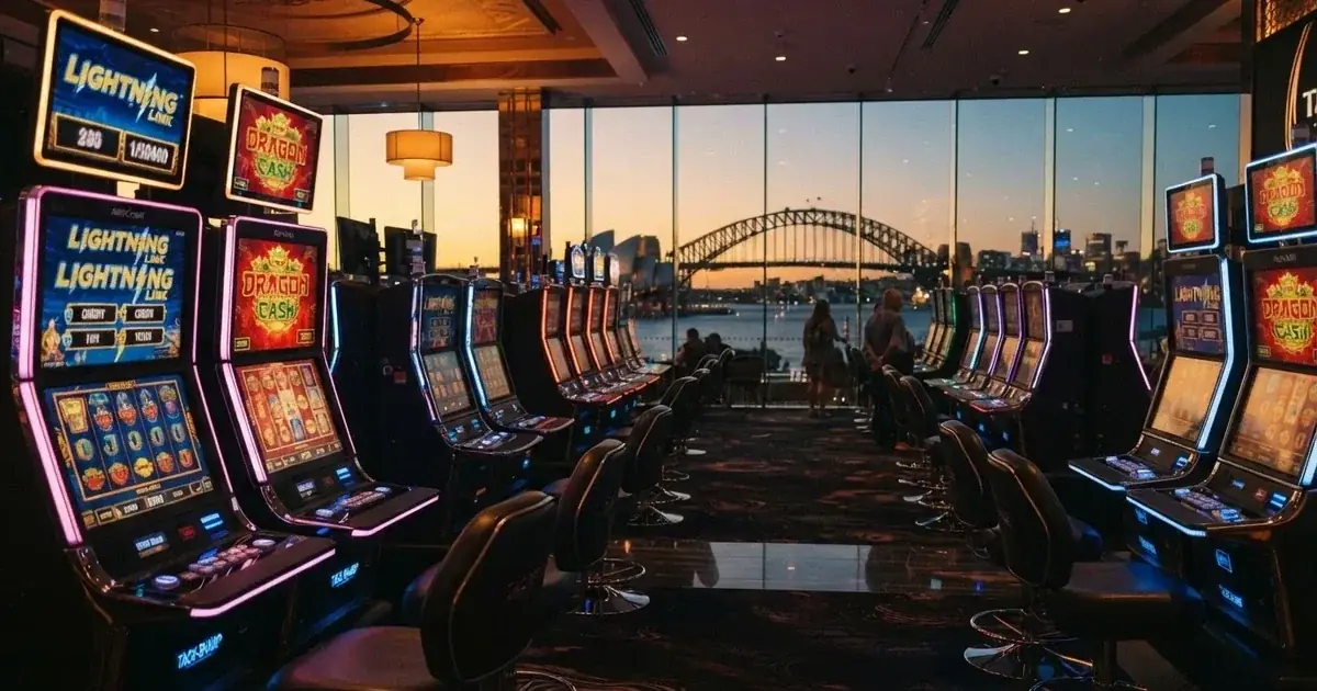 A casino gaming floor overlooking the harbour precinct in Sydney.