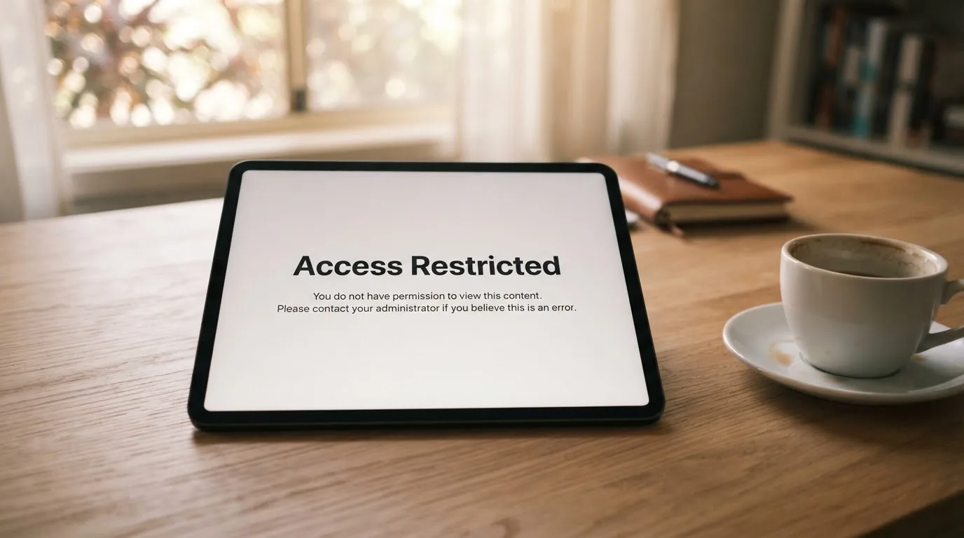 A tablet screen displaying an official regulator warning notice on a desk beside a coffee cup.