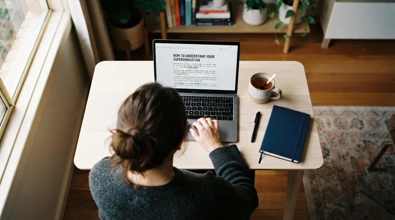A person at a laptop reading a plain-language explainer article at a home desk.