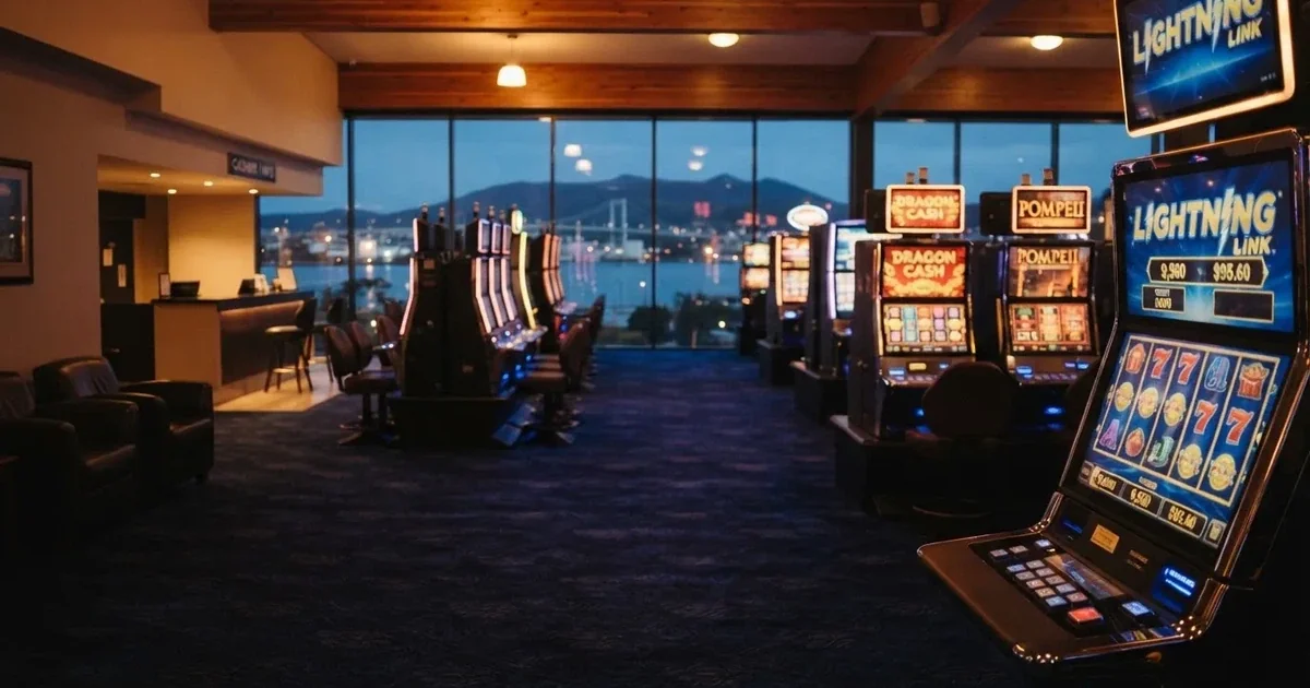 A quiet casino gaming floor inside a waterfront resort in Hobart.