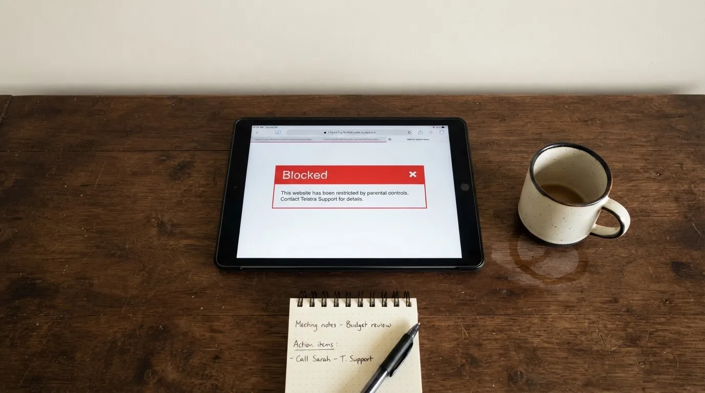 A tablet screen displaying an official regulator warning notice on a desk beside a coffee cup.