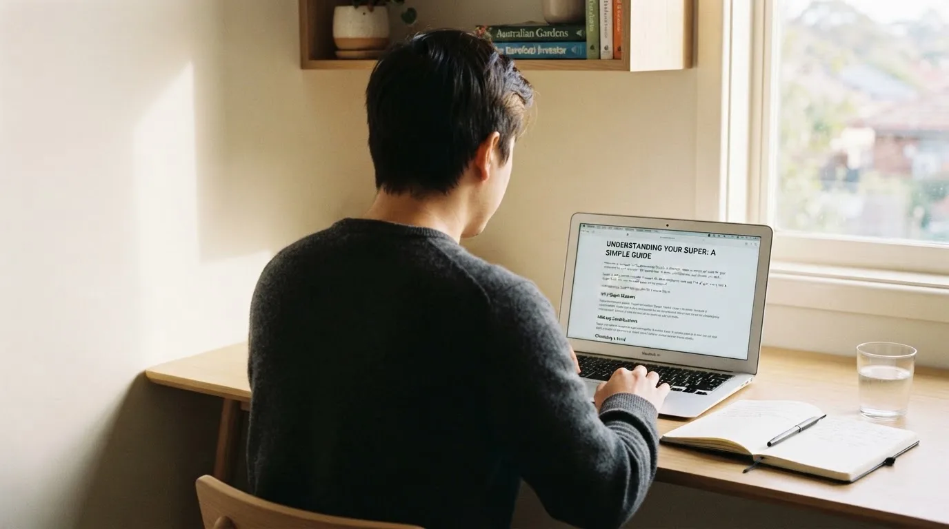 A person at a laptop reading a plain-language explainer article at a home desk.