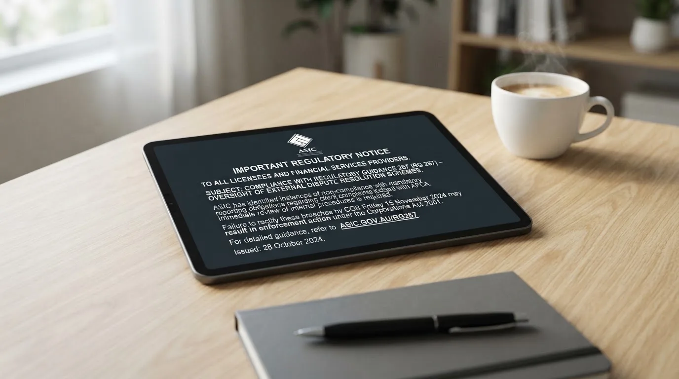 A tablet screen displaying an official regulator warning notice on a desk beside a coffee cup.