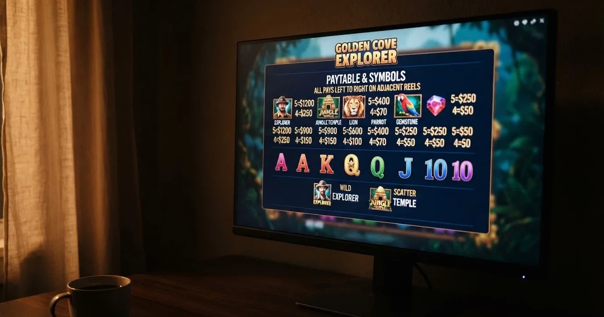 A slot machine's paytable screen glowing on a monitor in a dim room.