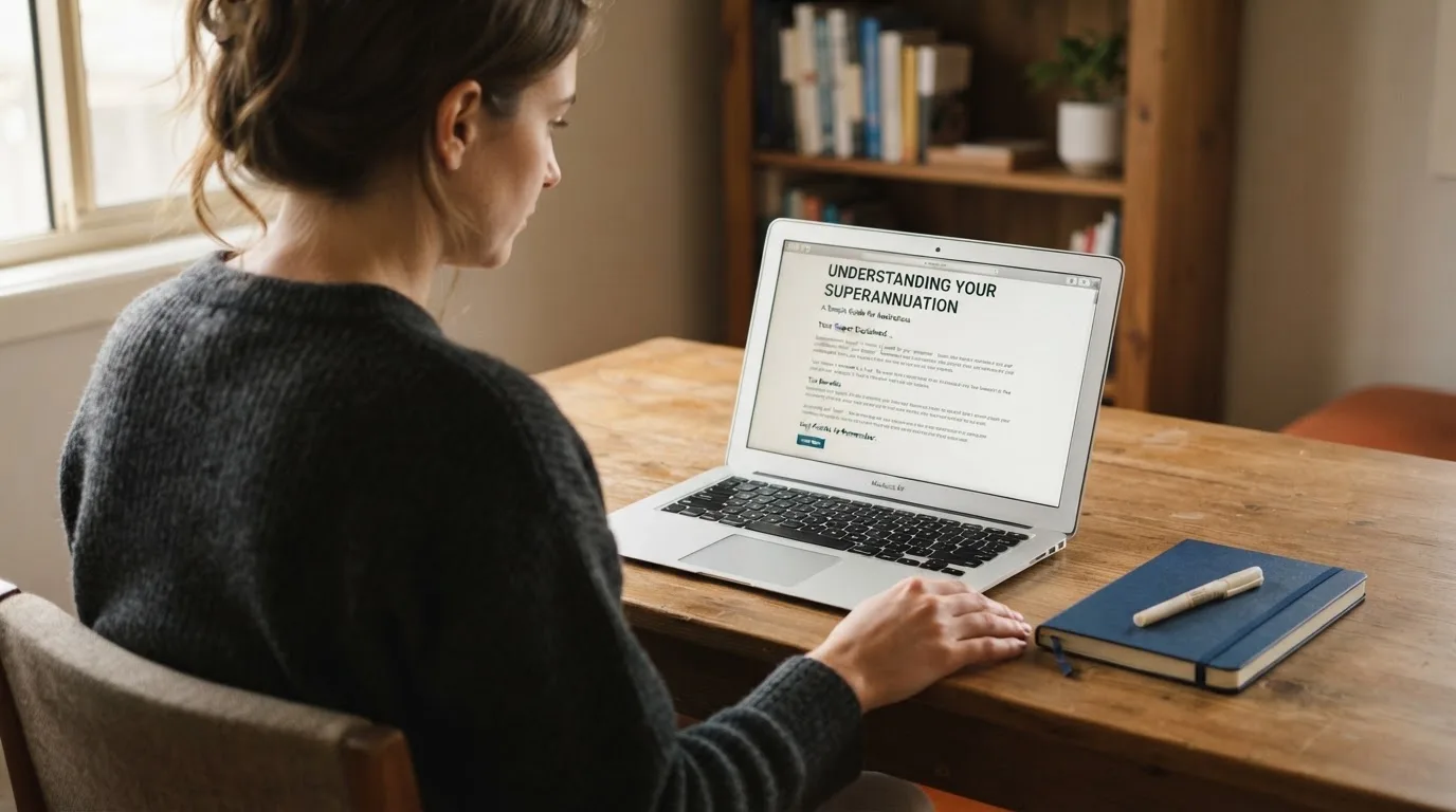 A person at a laptop reading a plain-language explainer article at a home desk.